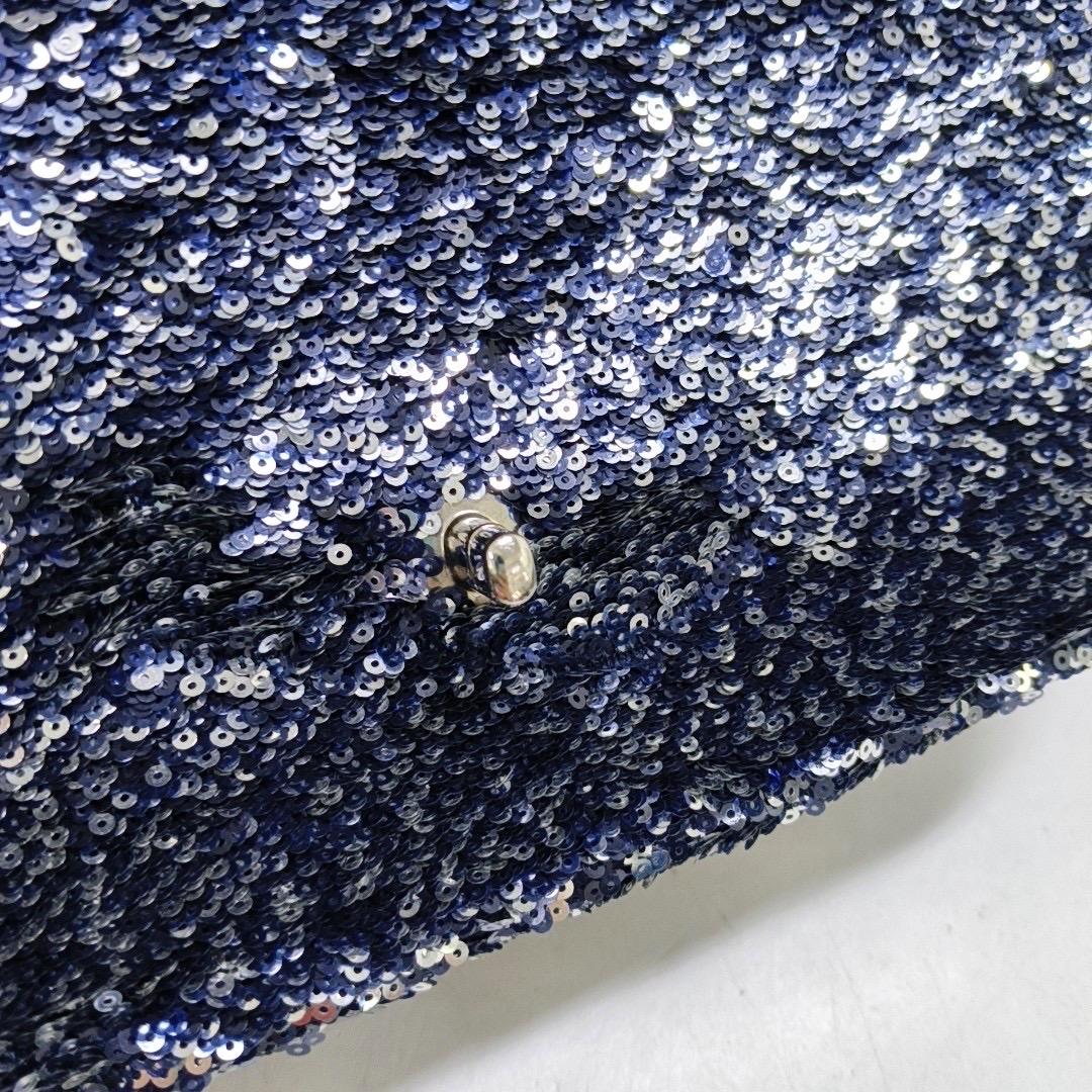 Chanel Paillette Flap Bag Rectangular Mini Glitter Sequins Navy and Silver For Sale 2