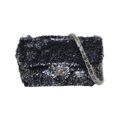 Chanel Paillette Flap Bag Rectangular Mini Glitter Sequins Navy and Silver