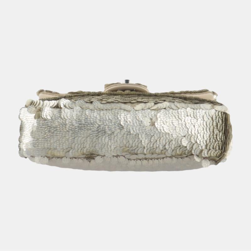 Chanel Paillette Flap Bag Rectangular Mini Glitter Sequins Silver In Good Condition In AUBERVILLIERS, FR