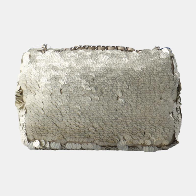 Women's Chanel Paillette Flap Bag Rectangular Mini Glitter Sequins Silver