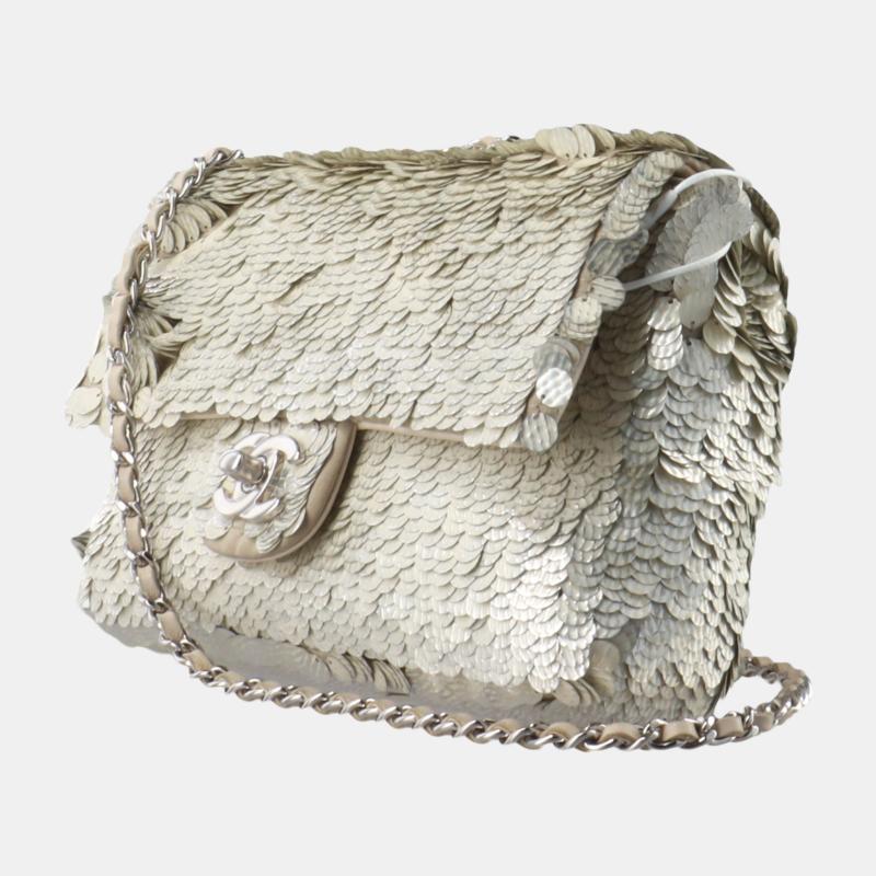 Chanel Paillette Flap Bag Rectangular Mini Glitter Sequins Silver 1