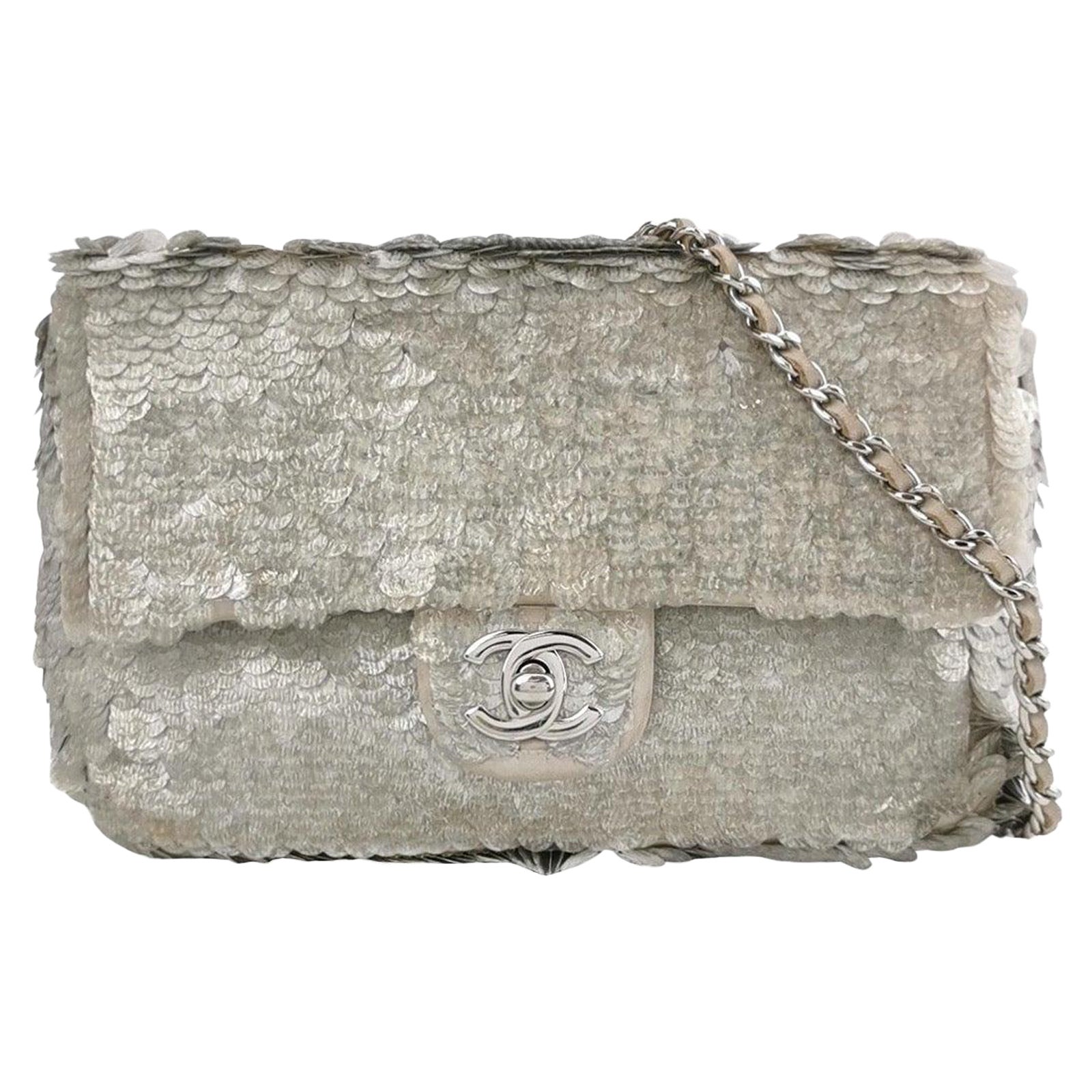 Chanel Paillette Flap Bag Rectangular Mini Glitter Sequins Silver