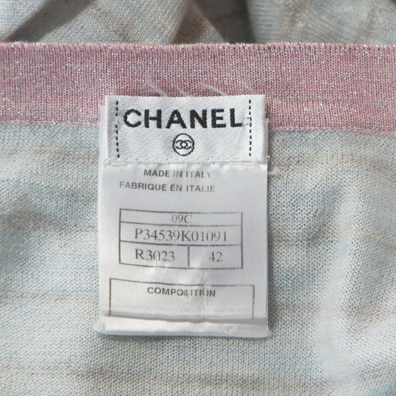 Chanel Pale Blue Striped Cashmere Knit Logo Embroidered Dress L In Good Condition In Dubai, Al Qouz 2