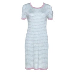 Chanel Pale Blue Striped Cashmere Knit Logo Embroidered Dress L