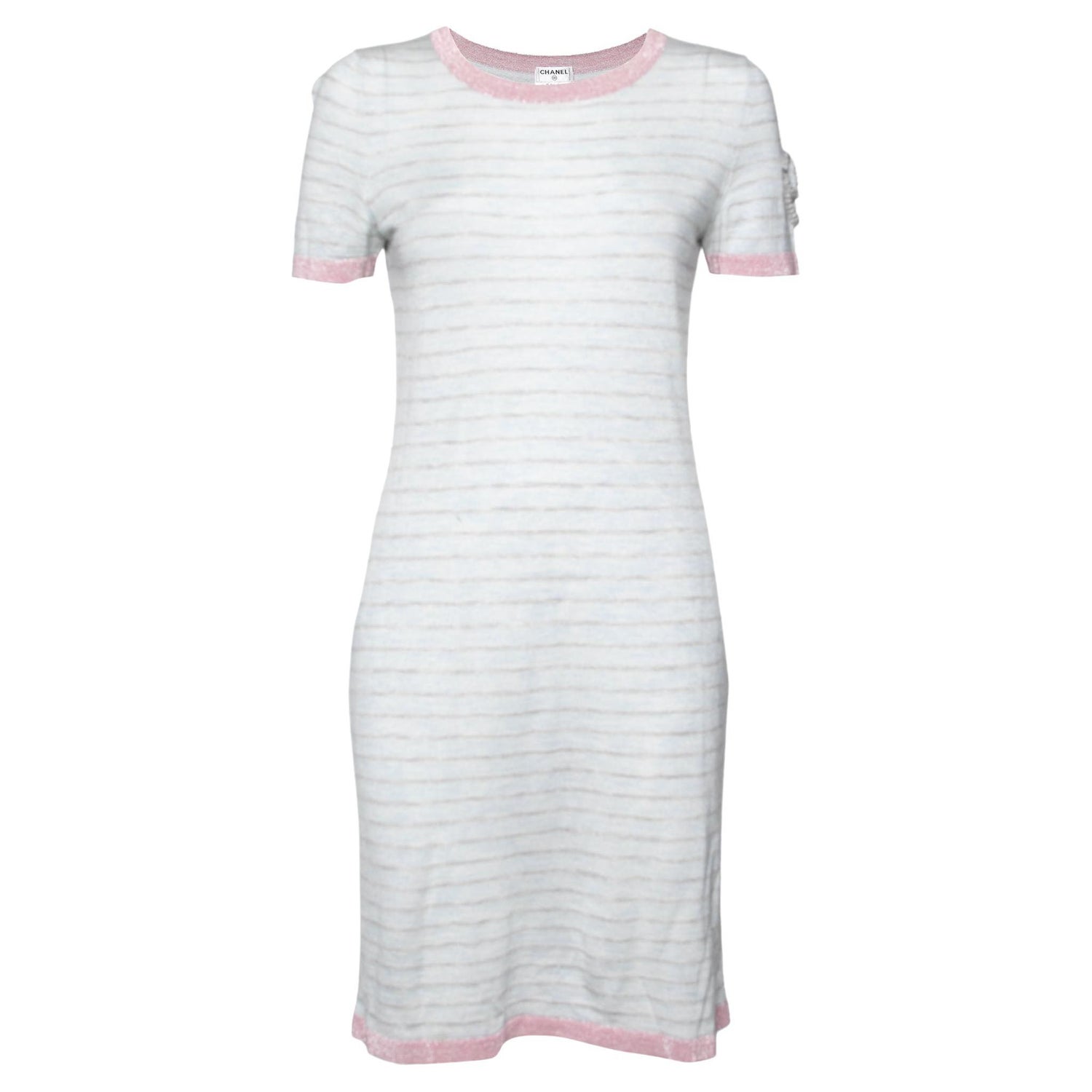 Chanel Pale Blue Striped Cashmere Knit Logo Embroidered Dress L For Sale at  1stDibs