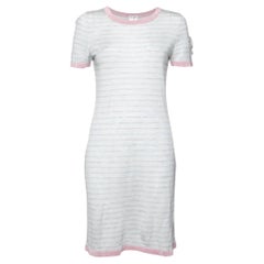 Chanel Pale Blue Striped Cashmere Knit Logo Embroidered Dress L