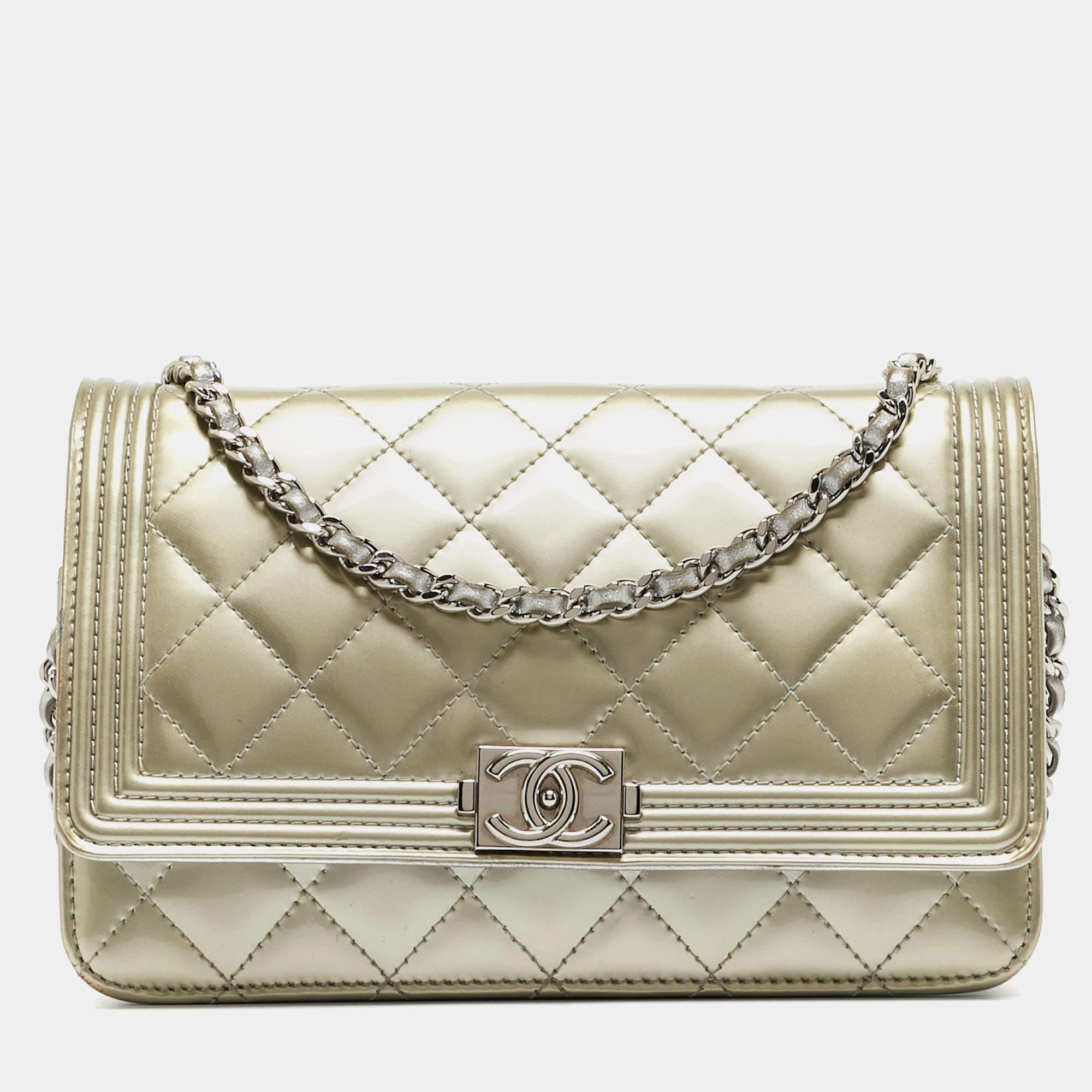 Chanel Pale Gold Quilted Patent Leather Boy WOC Bag 8