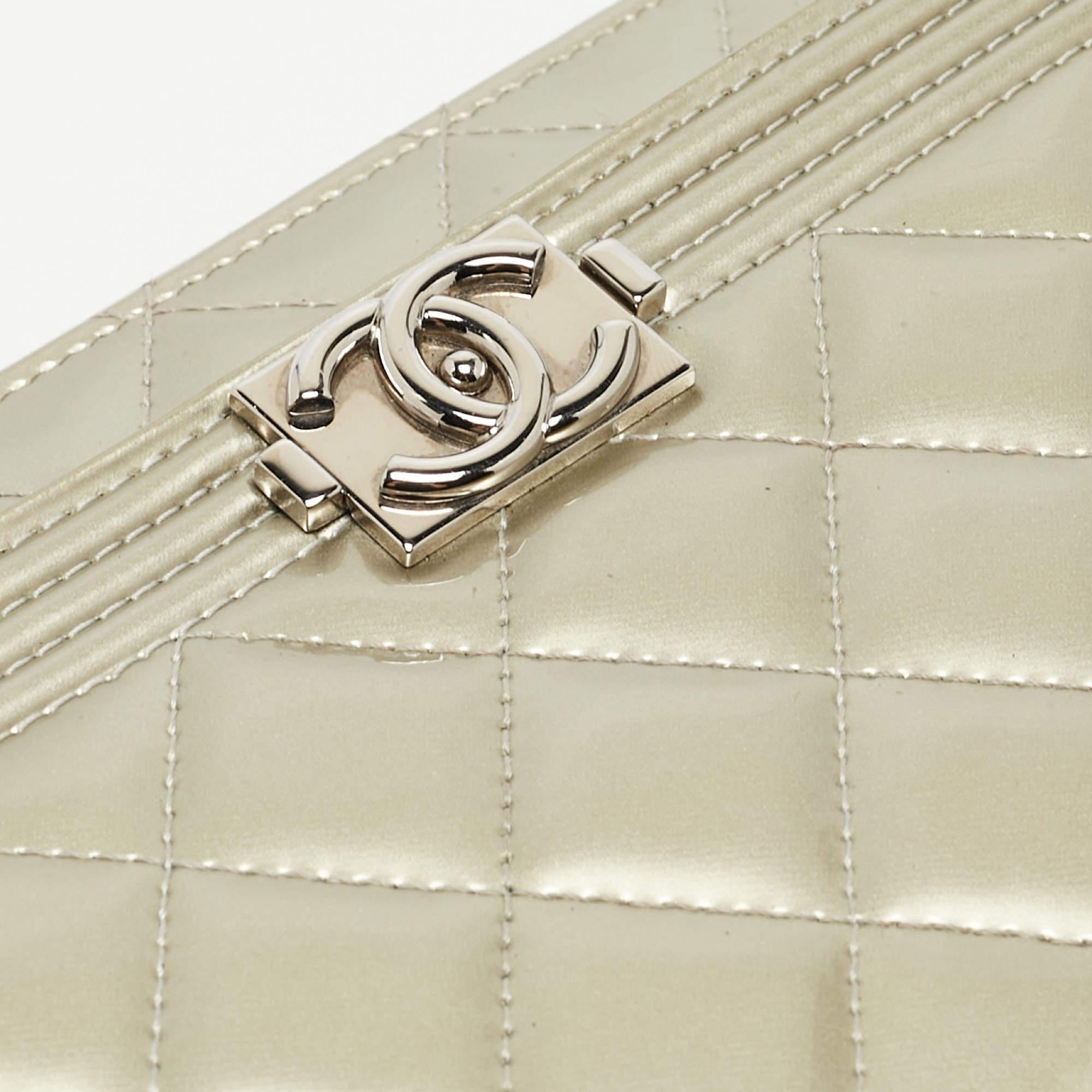 Chanel Pale Gold Quilted Patent Leather Boy WOC Bag For Sale 16