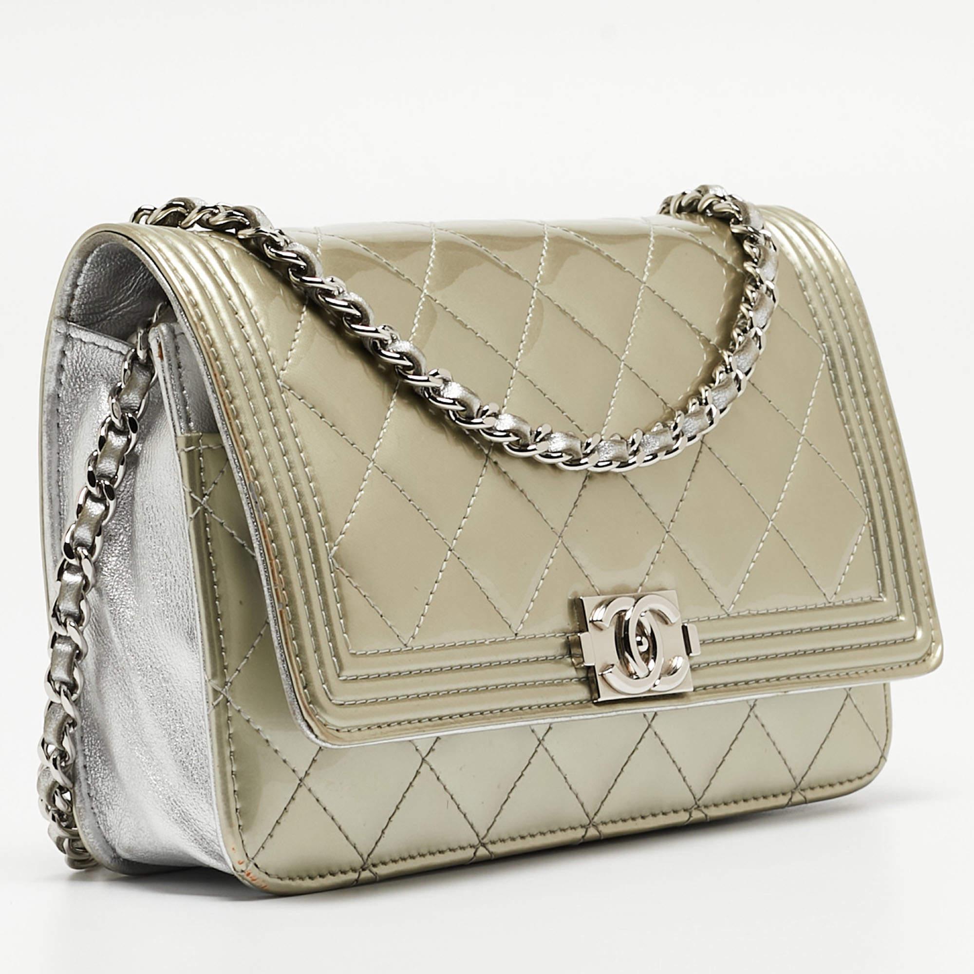 Chanel Pale Gold Quilted Patent Leather Boy WOC Bag In Good Condition In Dubai, Al Qouz 2