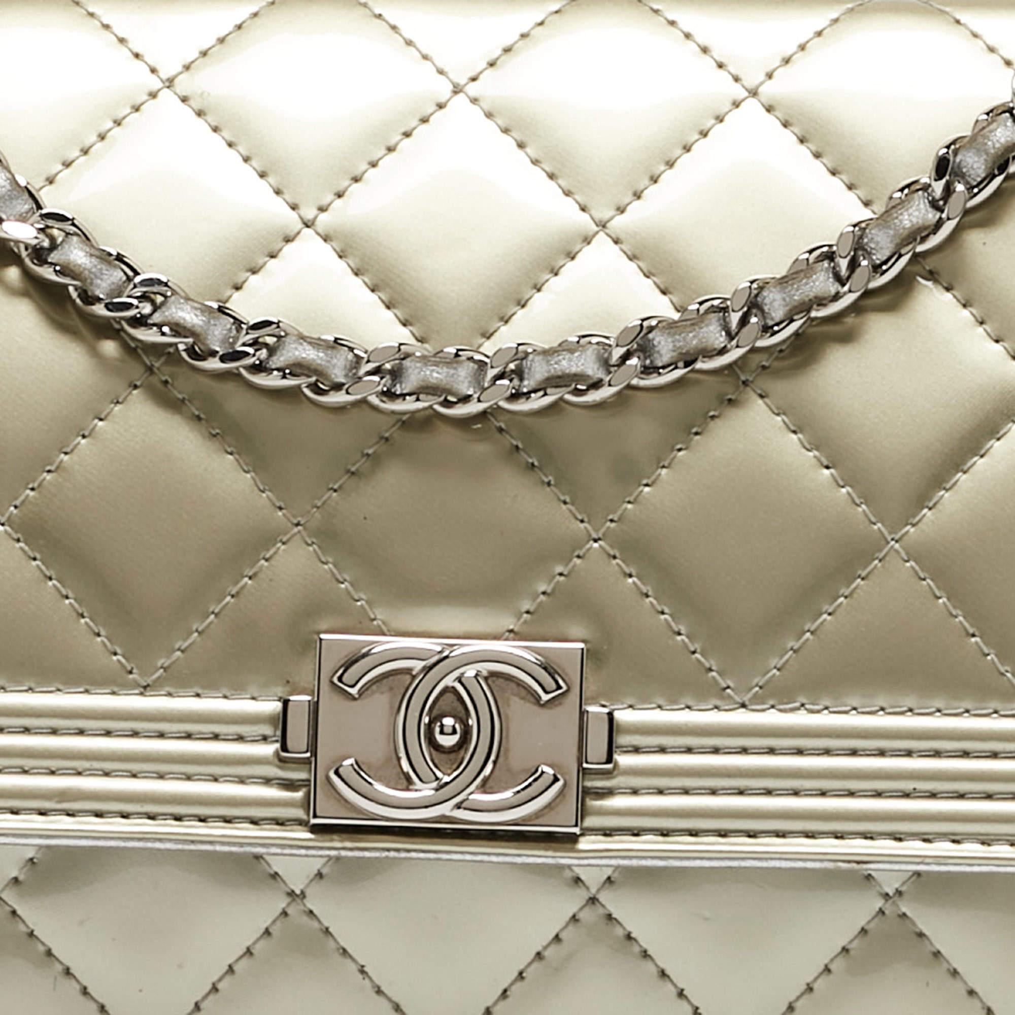 Women's or Men's Chanel Pale Gold Quilted Patent Leather Boy WOC Bag