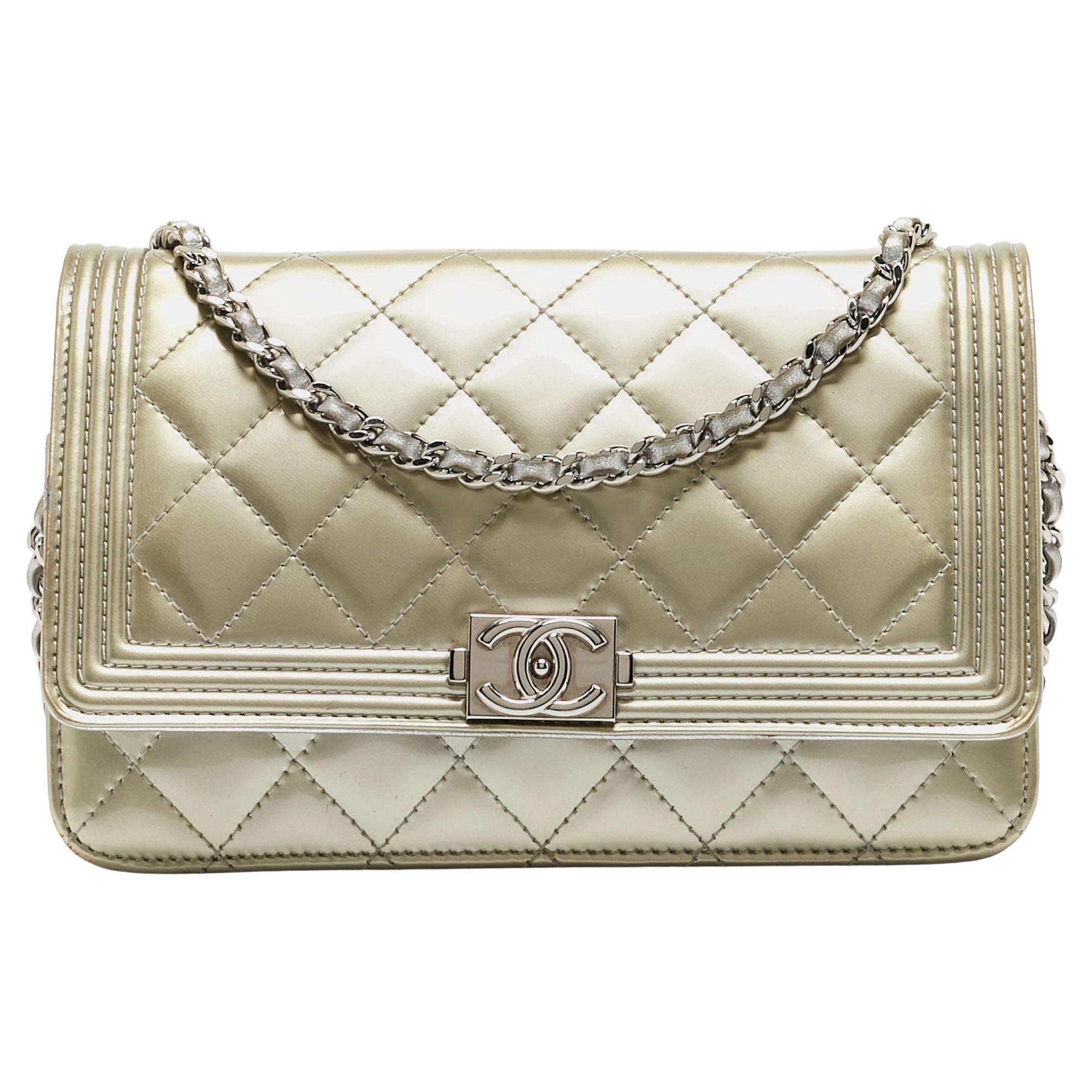 Chanel Pale Gold Quilted Patent Leather Boy WOC Bag For Sale