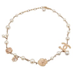 Chanel Pale Gold Tone Camelia CC Charm Pearl Necklace