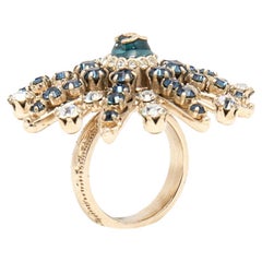 Chanel Pale Gold Tone Crystal Embellished CC Starburst Ring Size EU 53