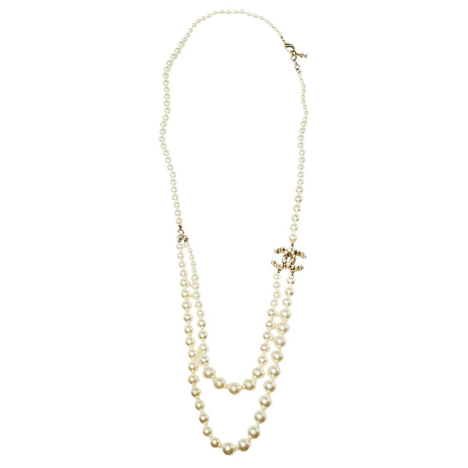 Chanel Pale Gold Tone Faux Pearl CC Layered Necklace at 1stDibs | chanel  layered necklace