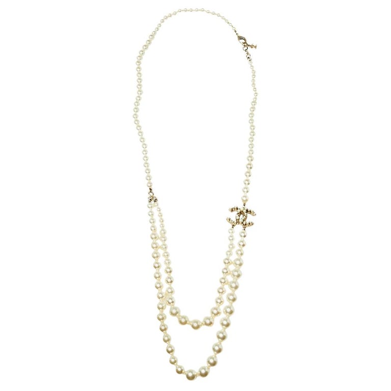 Chanel Pale Gold Tone Faux Pearl CC Layered Necklace