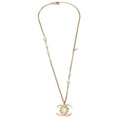 Chanel Pale Gold Tone Faux Pearl Crescent Moon Logo Pendant Necklace
