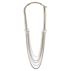 Chanel Pale Gold Tone Multi Chain Strand CC Crystal Station Necklace