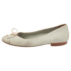 Used Chanel Pale Green Python Leather CC Bow Cap Toe Ballet Flats Size 37