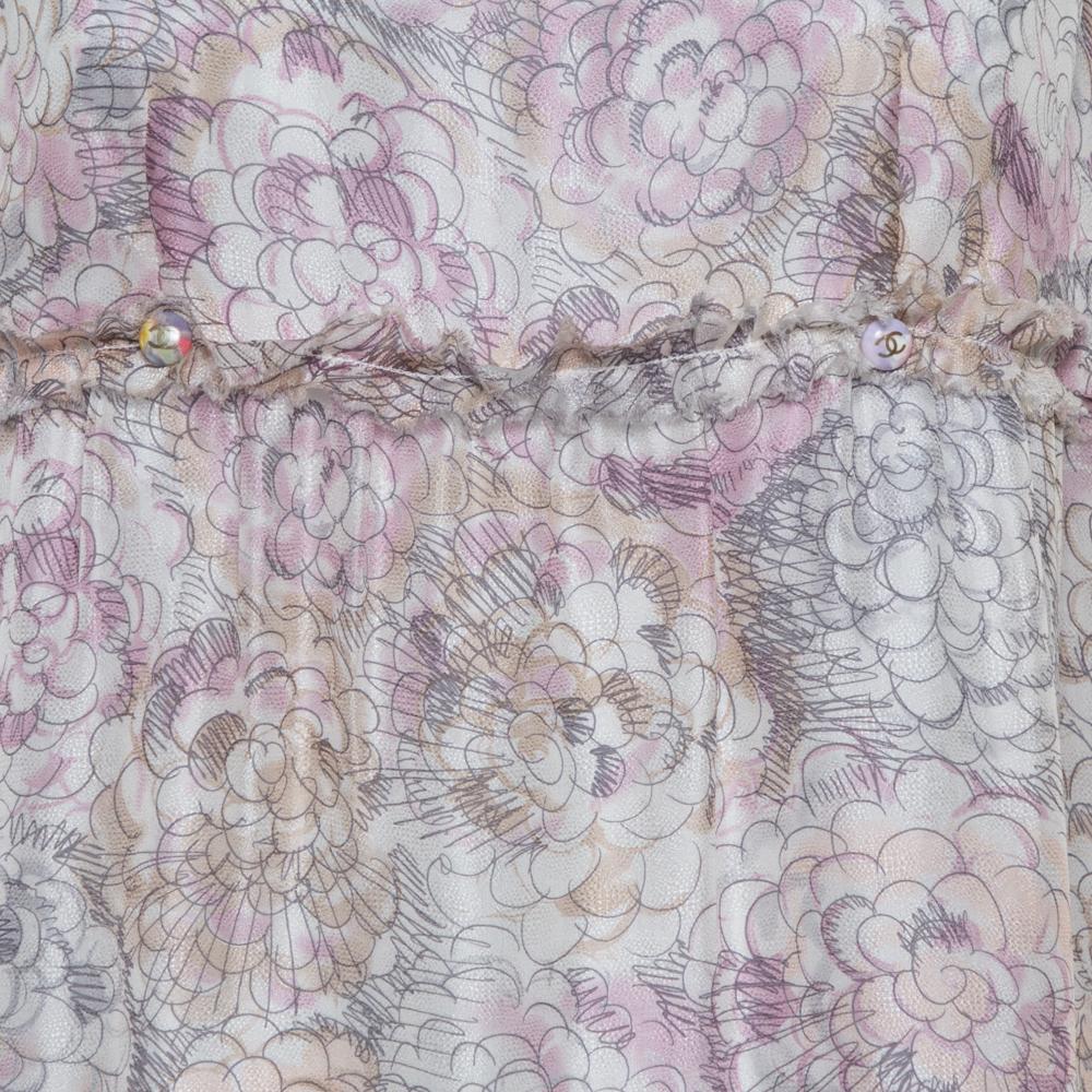 Women's Chanel Pale Grey Floral Print Silk Sleeveless Dress L