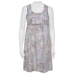 Chanel Pale Grey Floral Print Silk Sleeveless Dress L