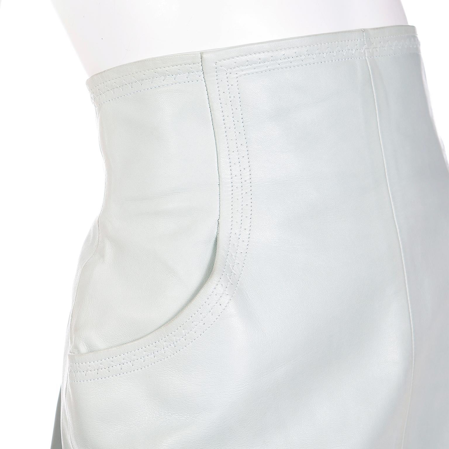 Chanel Pale Mint Green Leather High Waisted Skirt W CC Logo Buttons 1