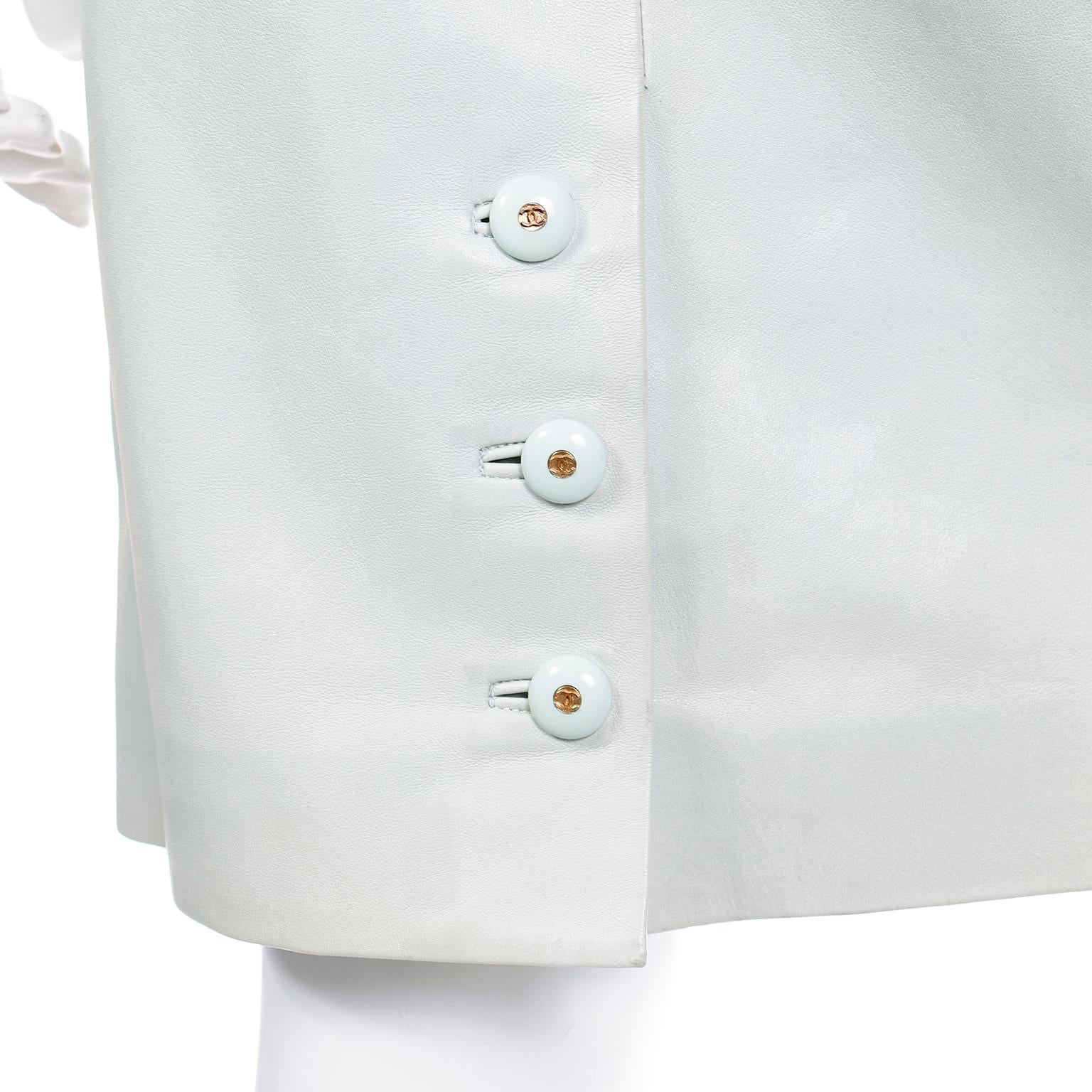 Chanel Pale Mint Green Leather High Waisted Skirt W CC Logo Buttons 3