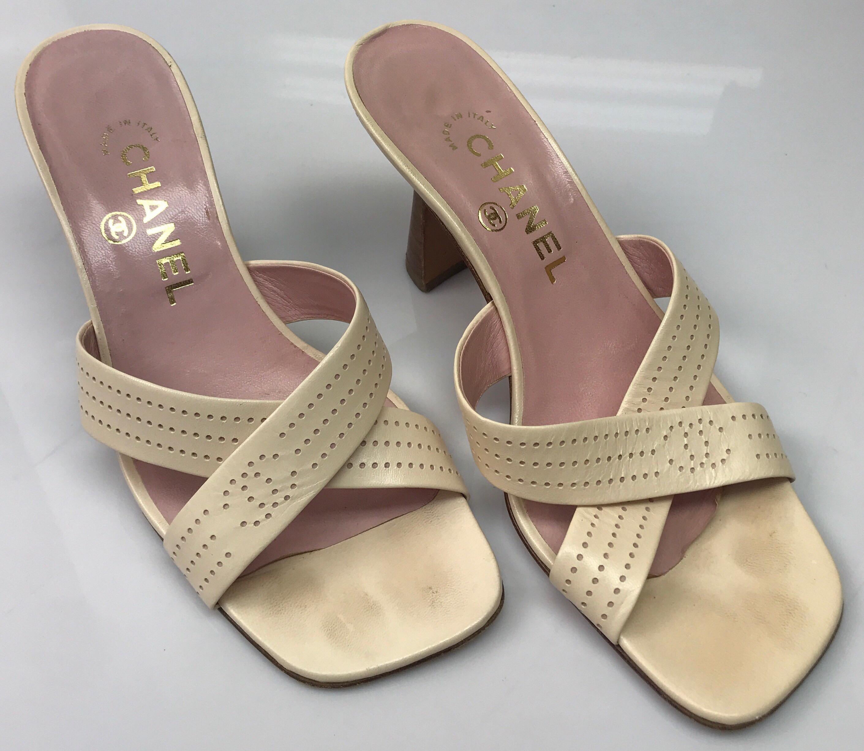 Brown Chanel Pale Pink Perforated Leather Strappy Sandal - 37