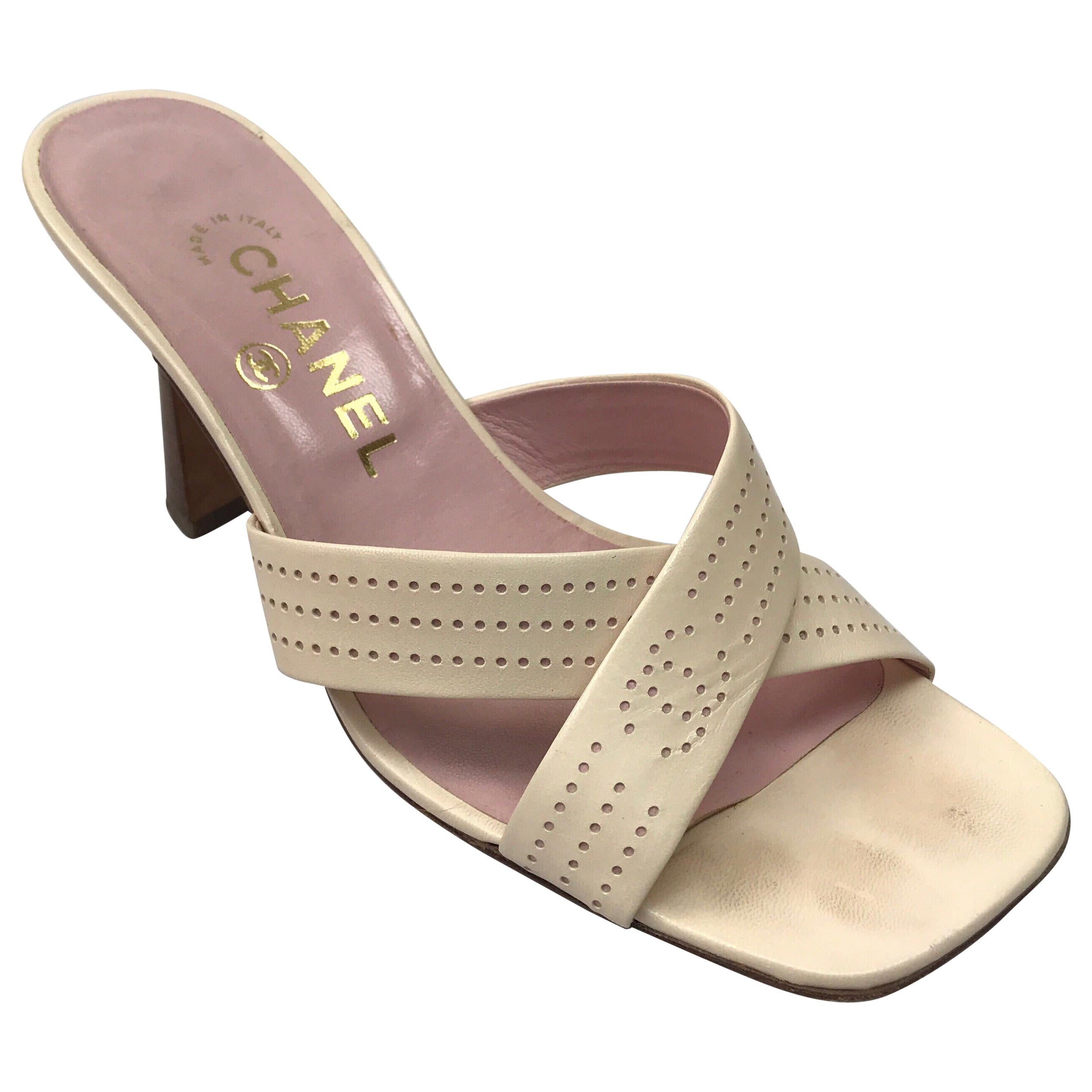 Chanel Pale Pink Perforated Leather Strappy Sandal - 37 at 1stDibs
