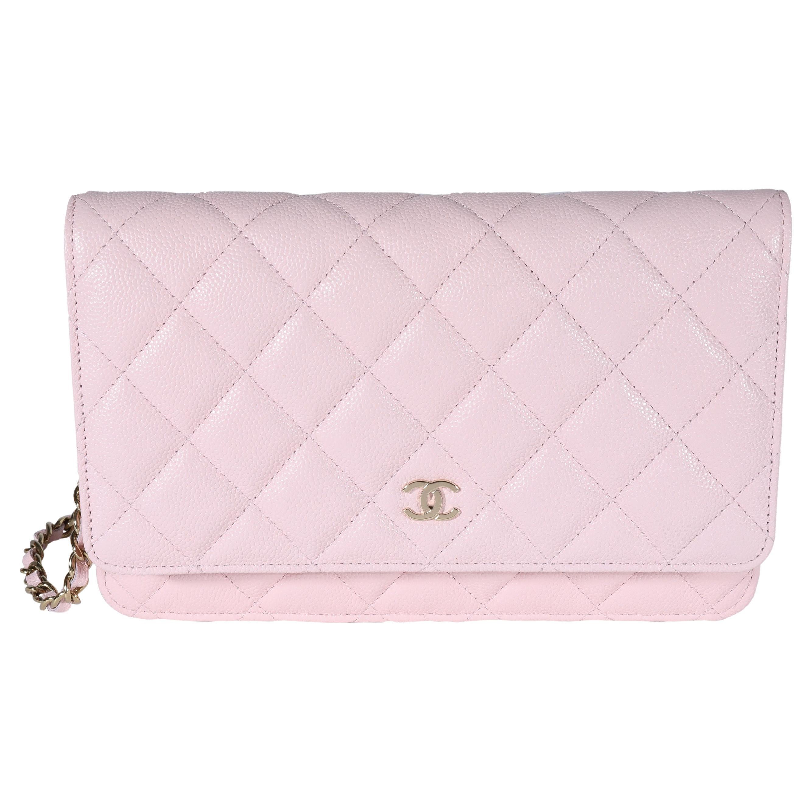 Chanel Pale Pink Quilted Caviar Wallet on Chain For Sale at