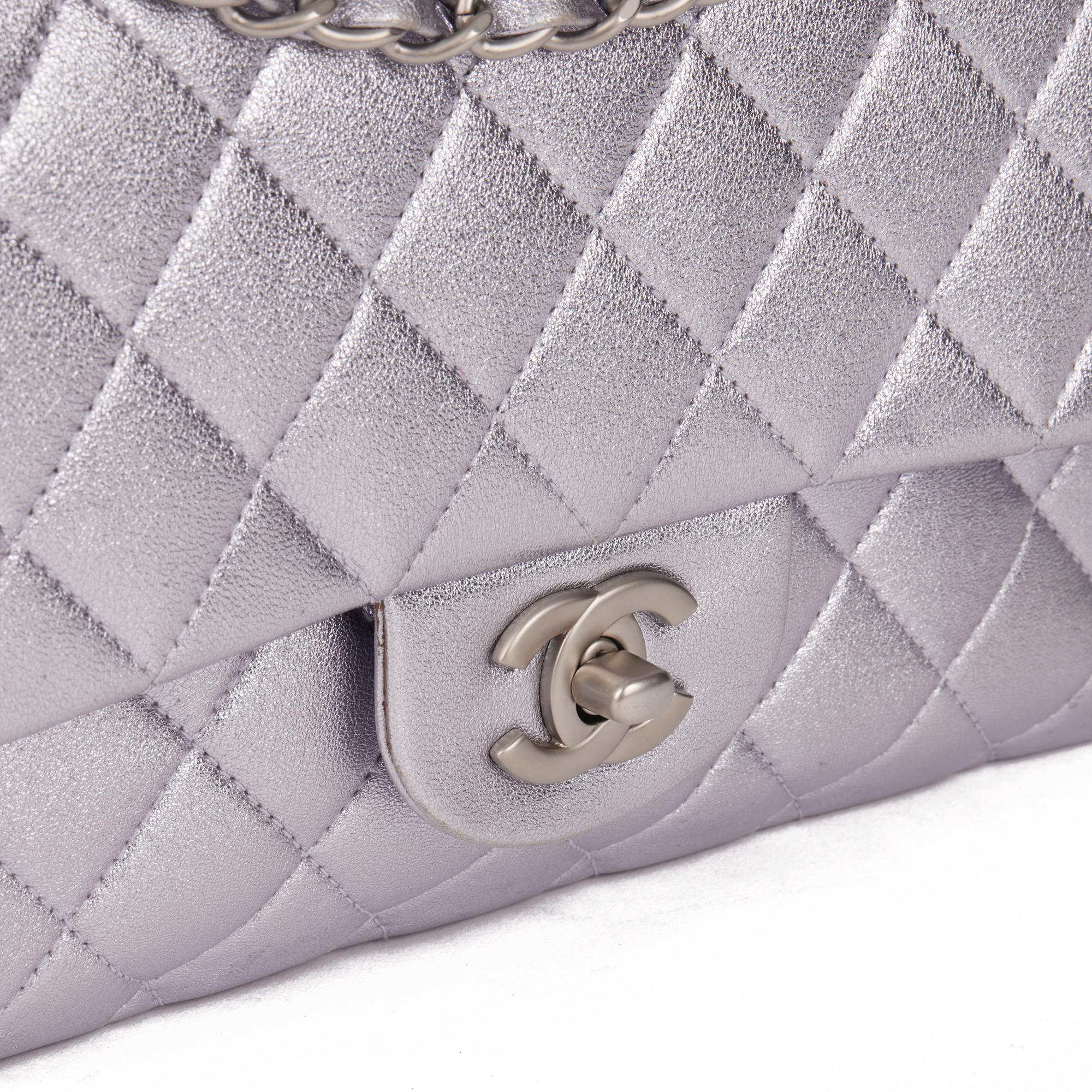 CHANEL Pale Purple Quilted Metallic Lambskin Medium Classic Double Flap Bag In Excellent Condition In Bishop's Stortford, Hertfordshire