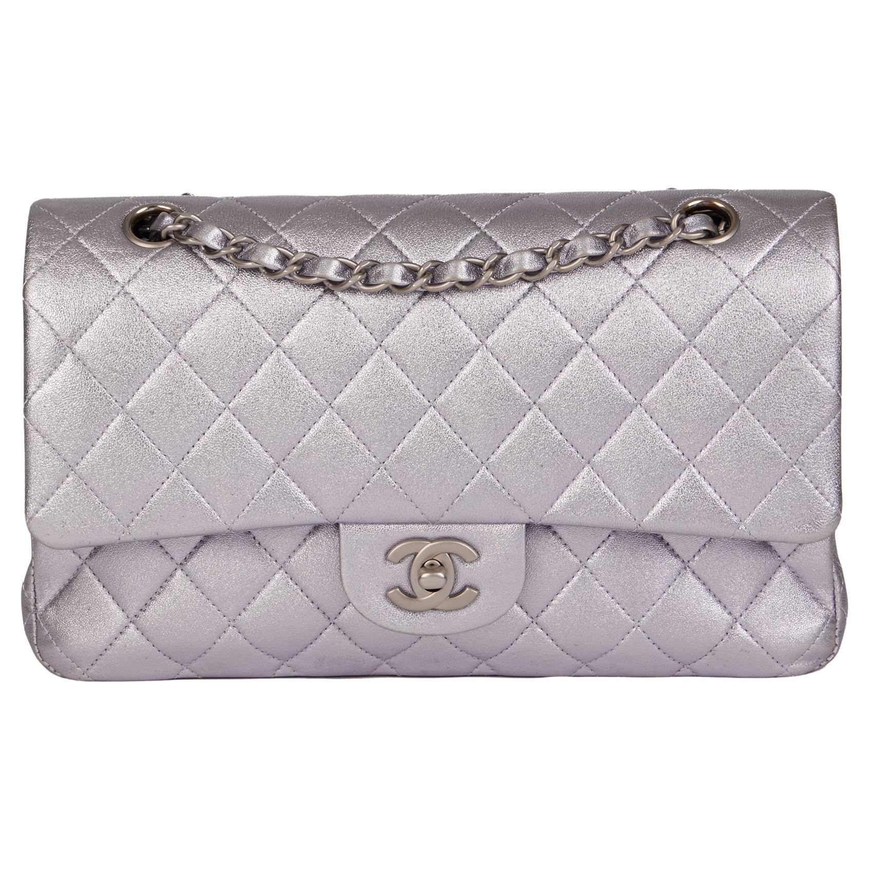 CHANEL Pale Purple Quilted Metallic Lambskin Medium Classic Double Flap Bag