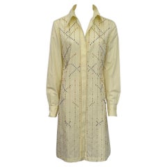 Chanel Pale Yellow Cotton Pinstripe Beaded Shirt Dress - Sz 38 - 01C Collection