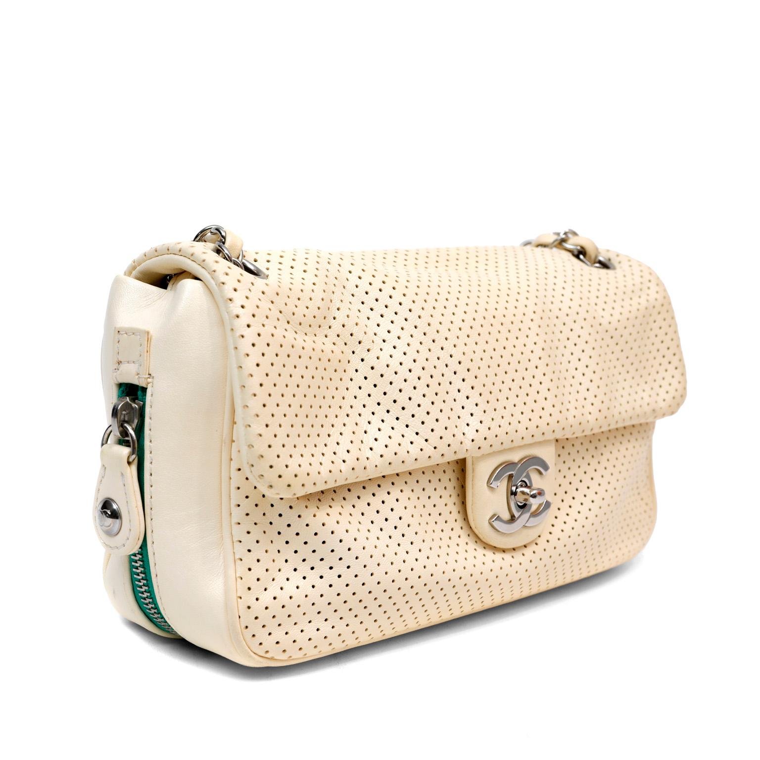 Beige Chanel Pale Yellow Perforated Leather Baseball Spirit Flap Bag For Sale