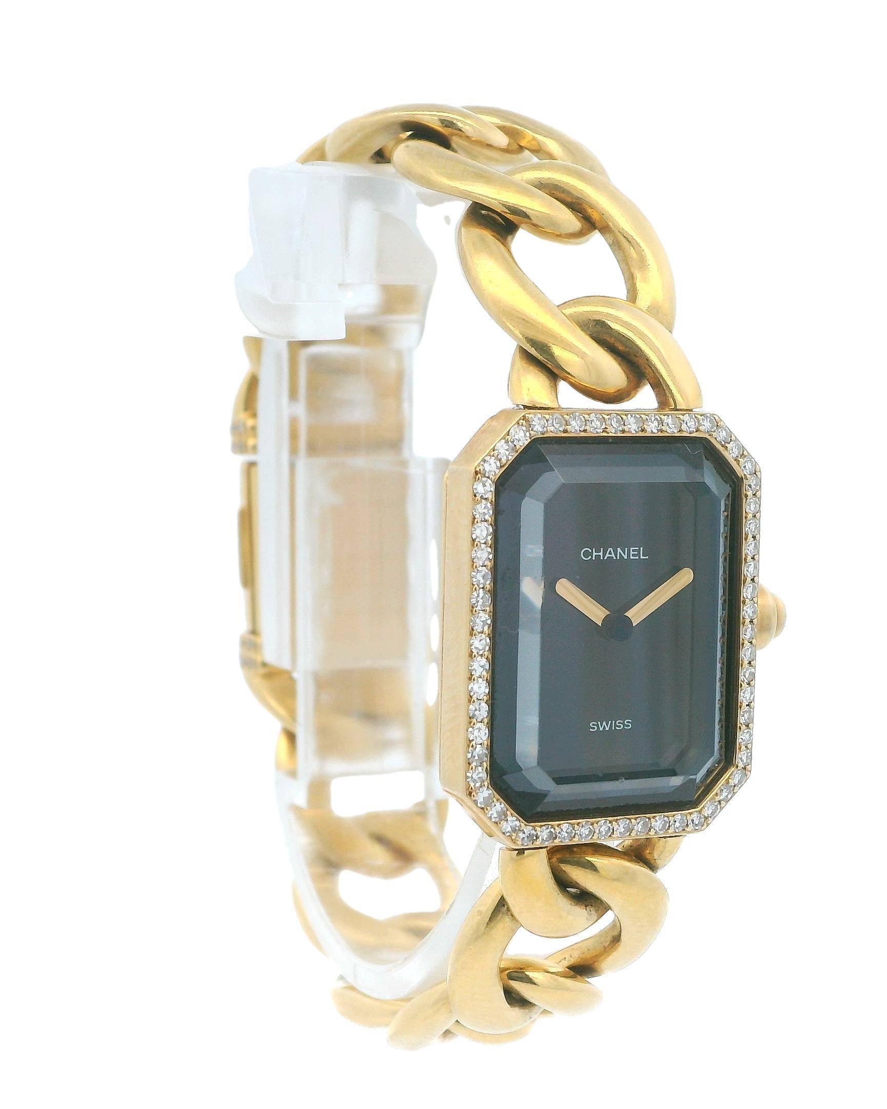 The Chanel Paris U.E. 04608 ladies' watch is a luxurious timepiece characterized by its elegant design and high-quality materials. The watch boasts an 18K yellow gold case, measuring 20mm by 26mm, with a beautifully crafted 18K yellow gold bezel