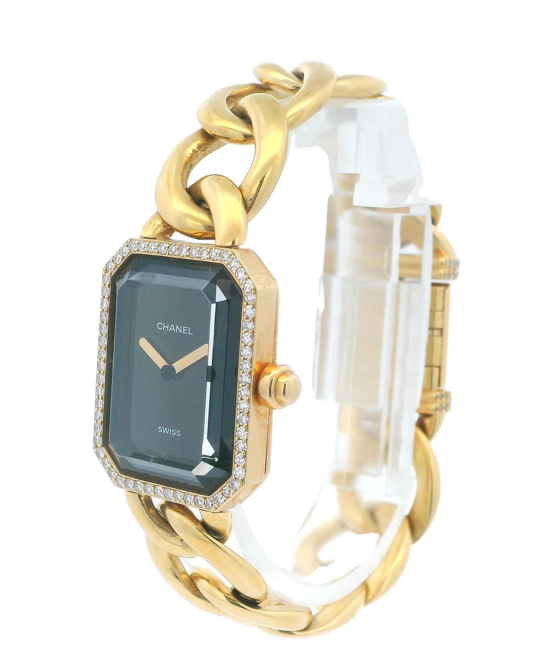 Chanel Paris 18K Yellow Gold & Diamond Bezel Onyx Dial Ladies Watch In Excellent Condition For Sale In Great Neck Plaza, NY