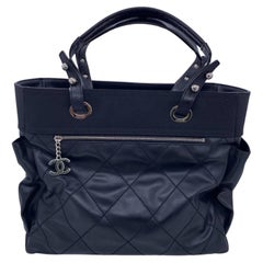 CHANEL Paris-Biarritz Tote Bag Black Quilted Coated Canvas Shopper