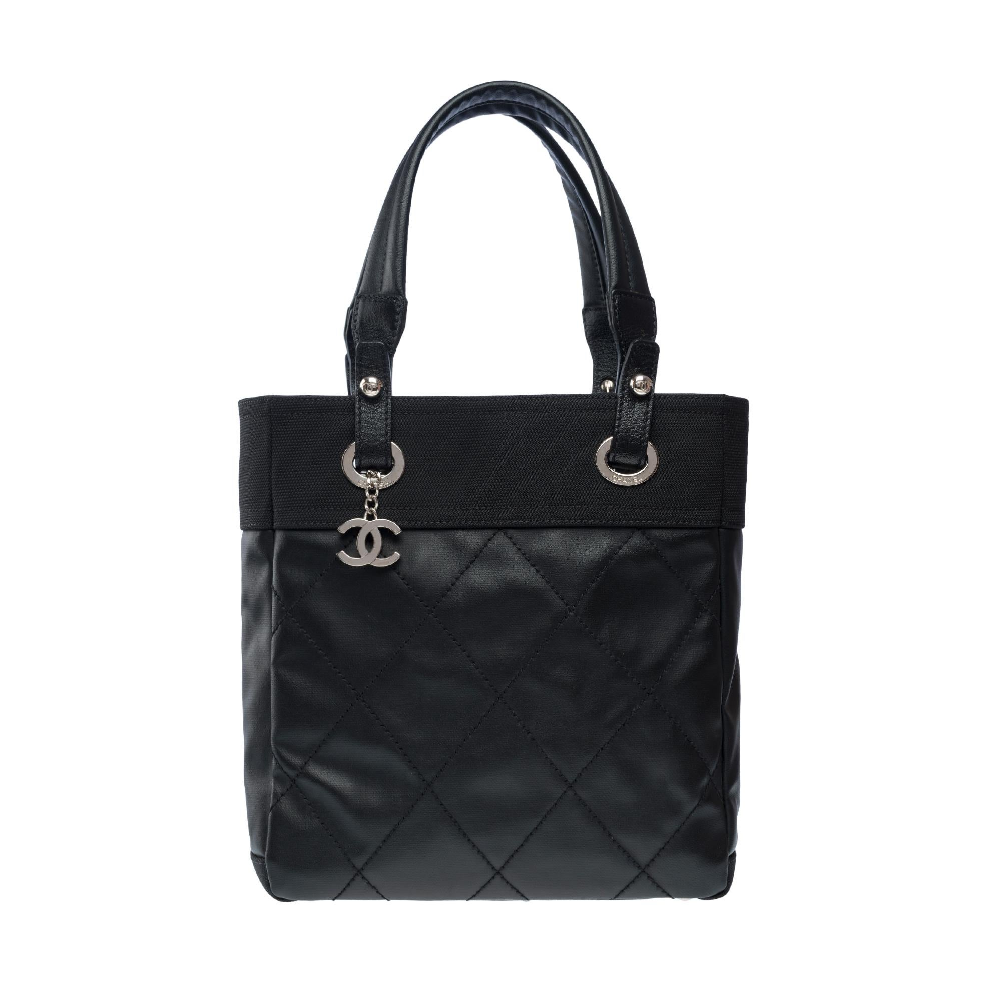 Women's  Chanel Paris-Biarritz Tote bag in black coated canvas , SHW For Sale