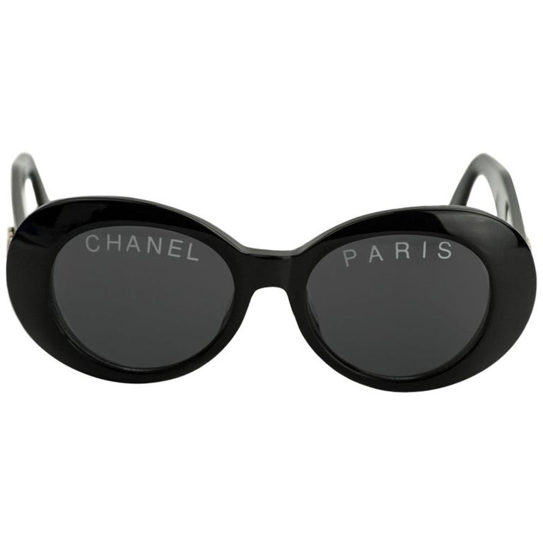 Chanel Black and White Printed Oval Sunglasses at 1stDibs