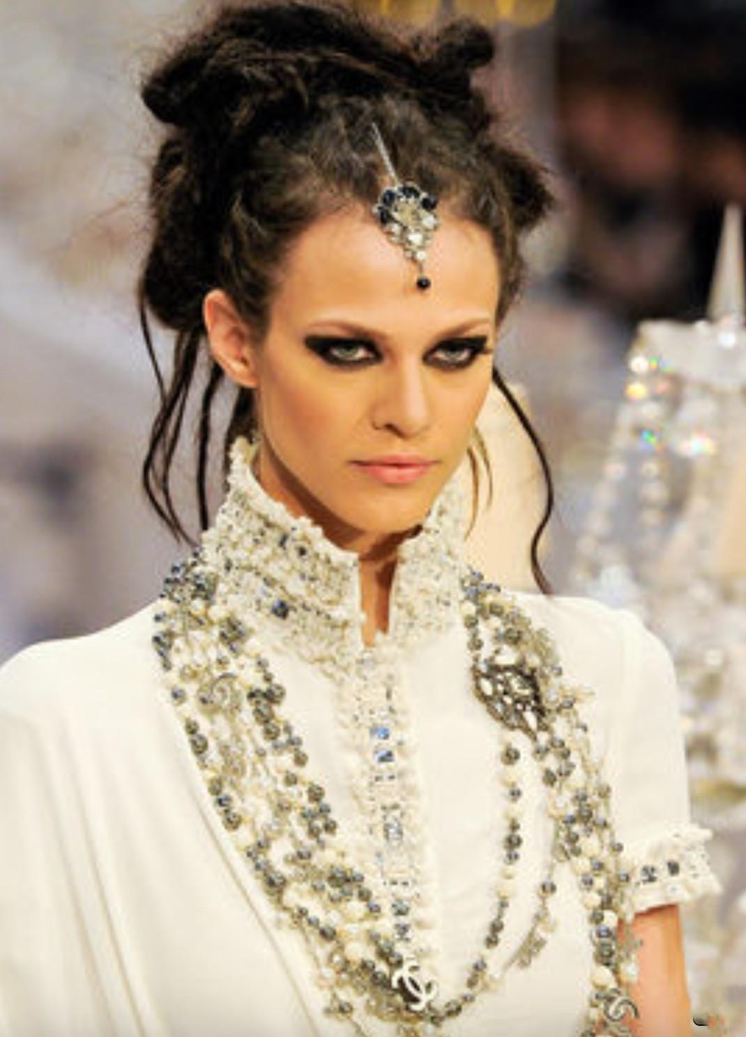 Beige Chanel Paris-Bombay 2012 Bride White Silver Embellished 12A Silk Gown
