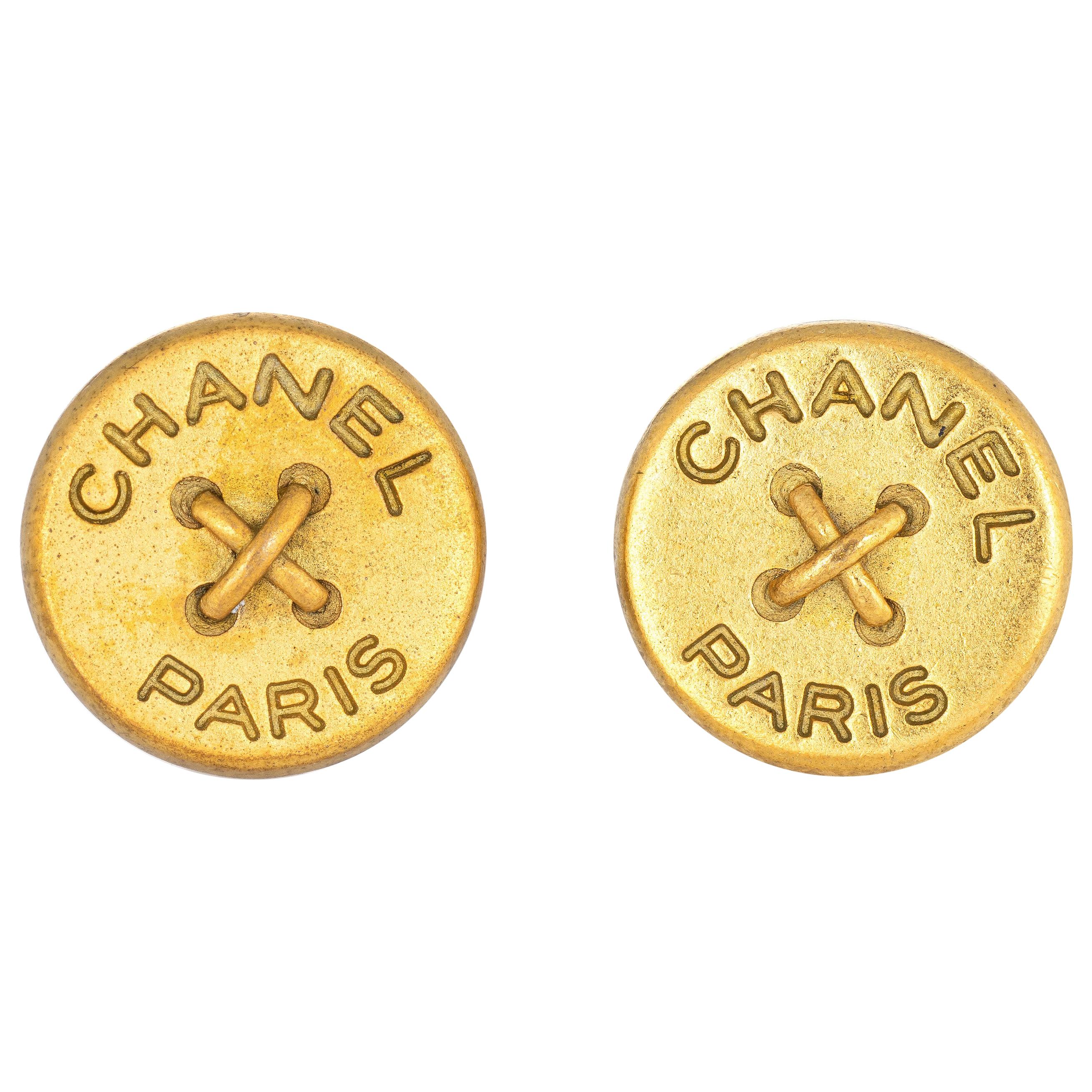 Chanel Paris Button Earrings Circa 1994 Yellow Gold Tone Round Clip On 