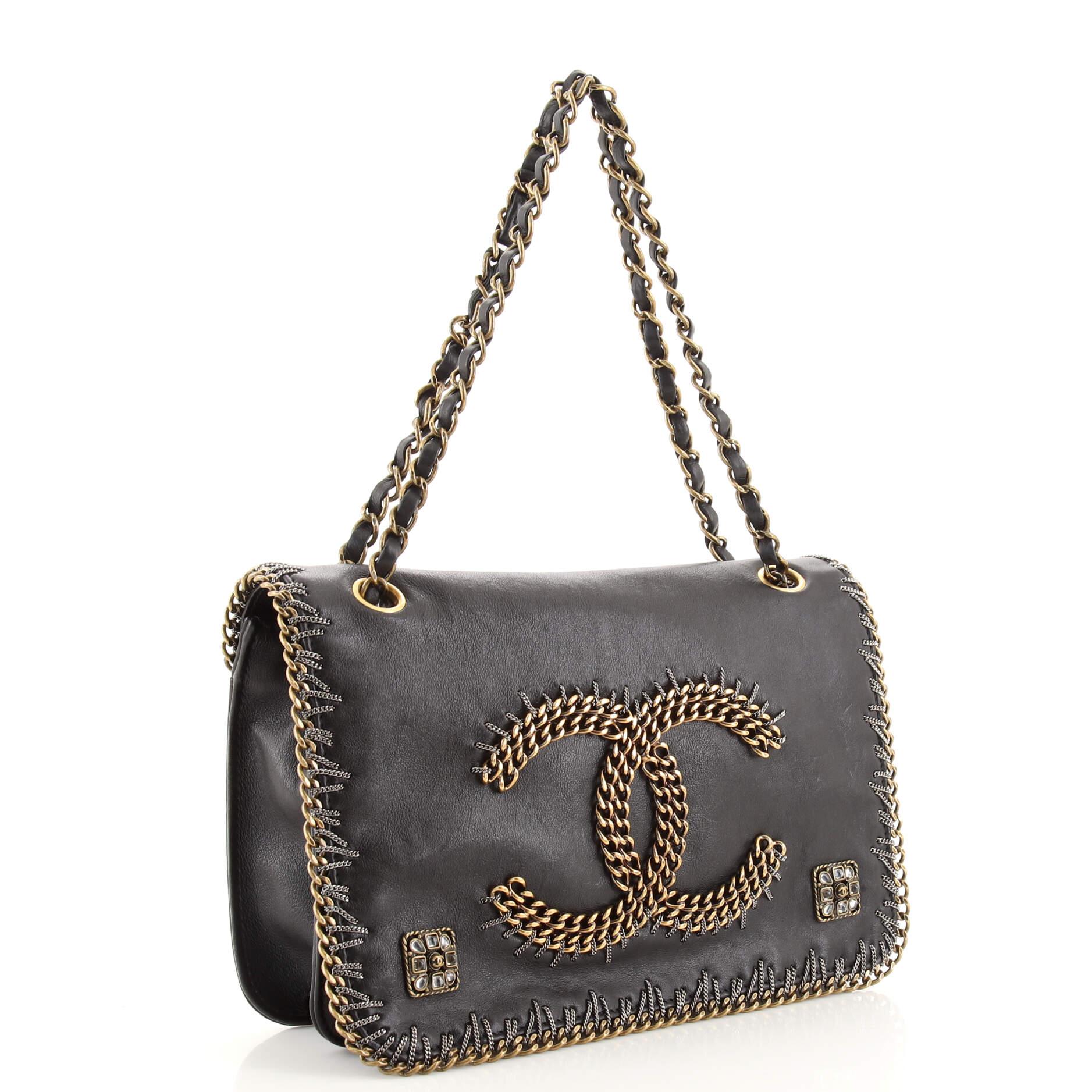 Black Chanel Paris-Byzance CC Flap Bag Embroidered Leather Medium