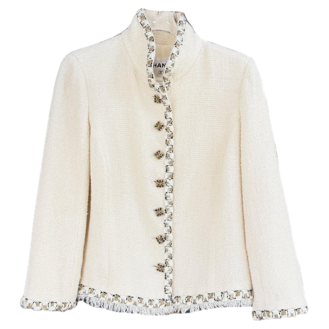 Chanel Paris / Byzance CC Gripoix Buttons Ecru Tweed Jacket 42 FR
