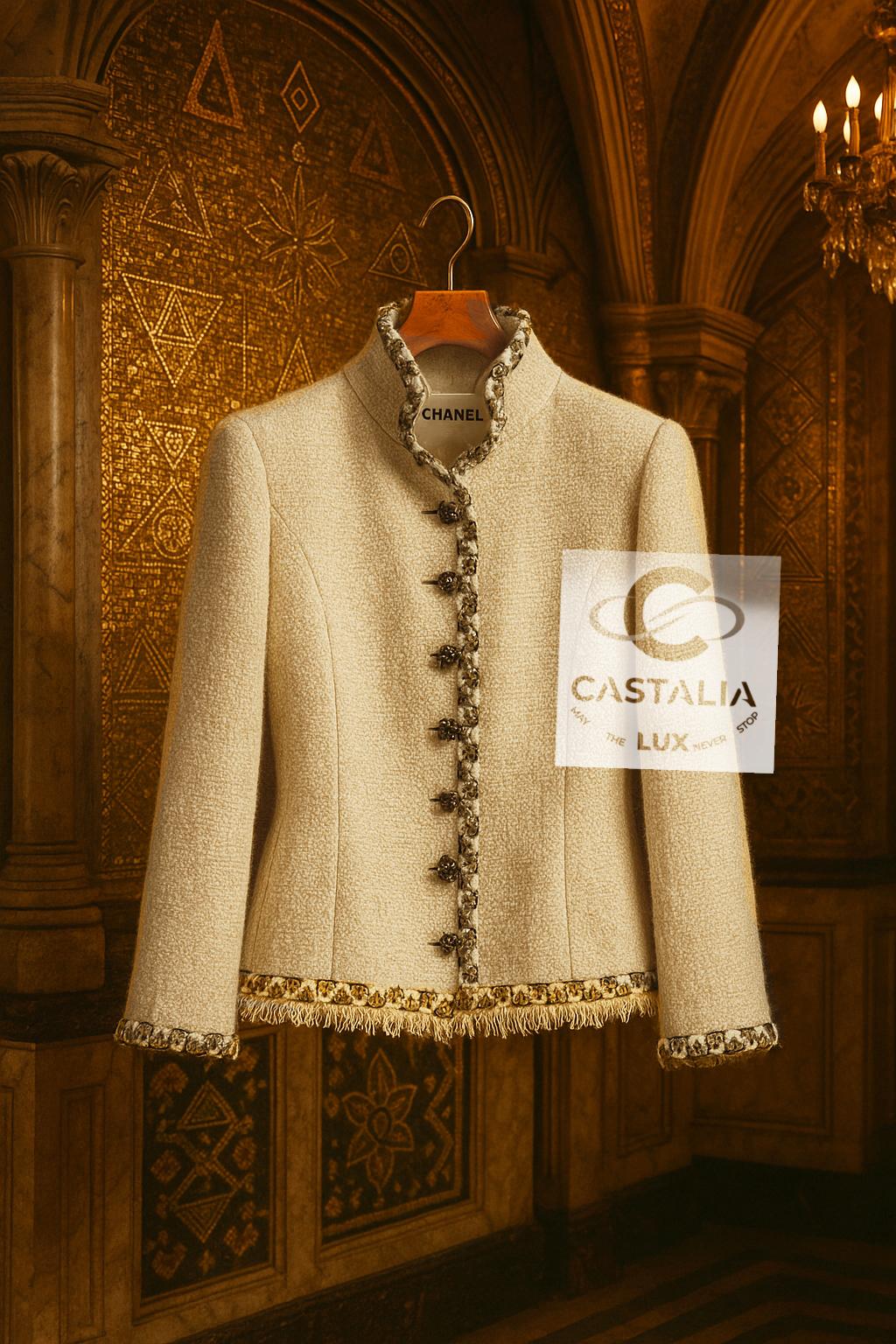 Beige Chanel Paris / Byzance Opulent Gripoix Buttons Ecru Tweed Jacket 42 FR in vendita