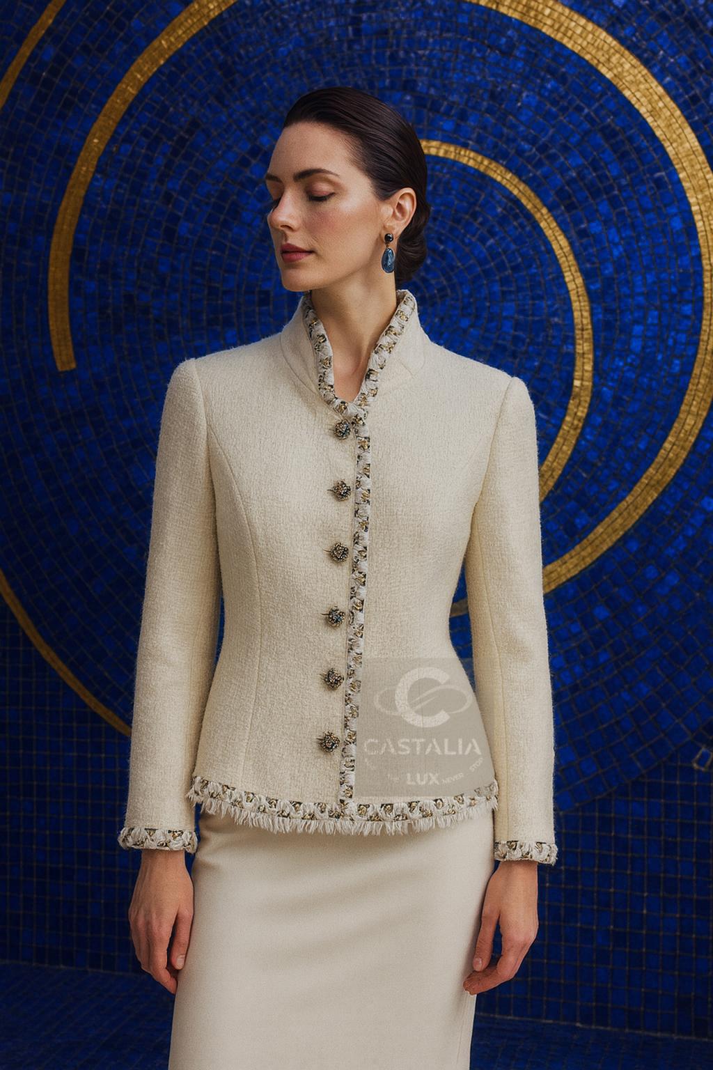 Chanel Paris / Byzance Opulent Gripoix Knöpfe Ecru Tweed Jacke 42 FR (Beige) im Angebot