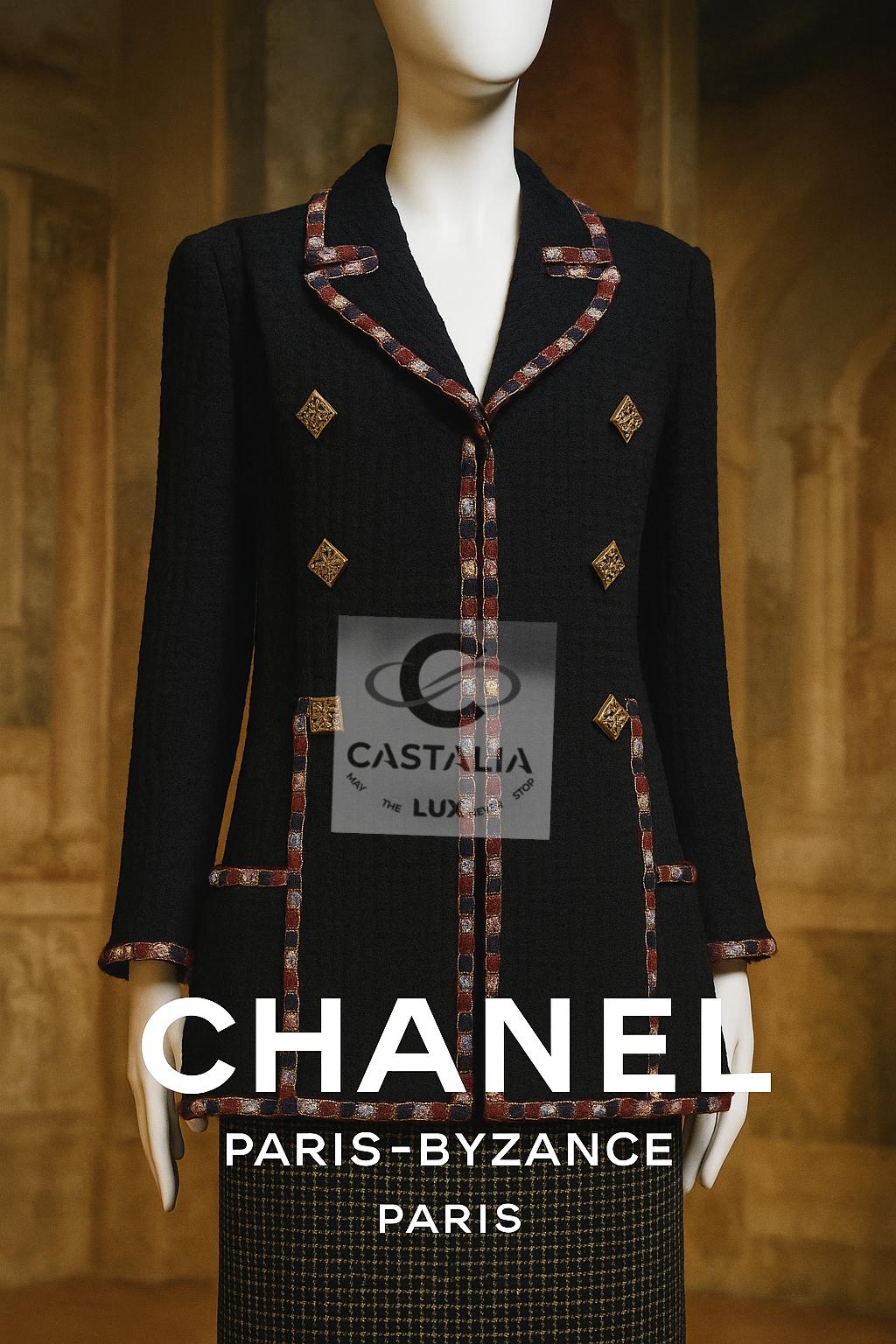 Women's or Men's Chanel Paris / Byzance Tweed Jacket with Mosaic Trim and Jewel Buttons 42 FR For Sale