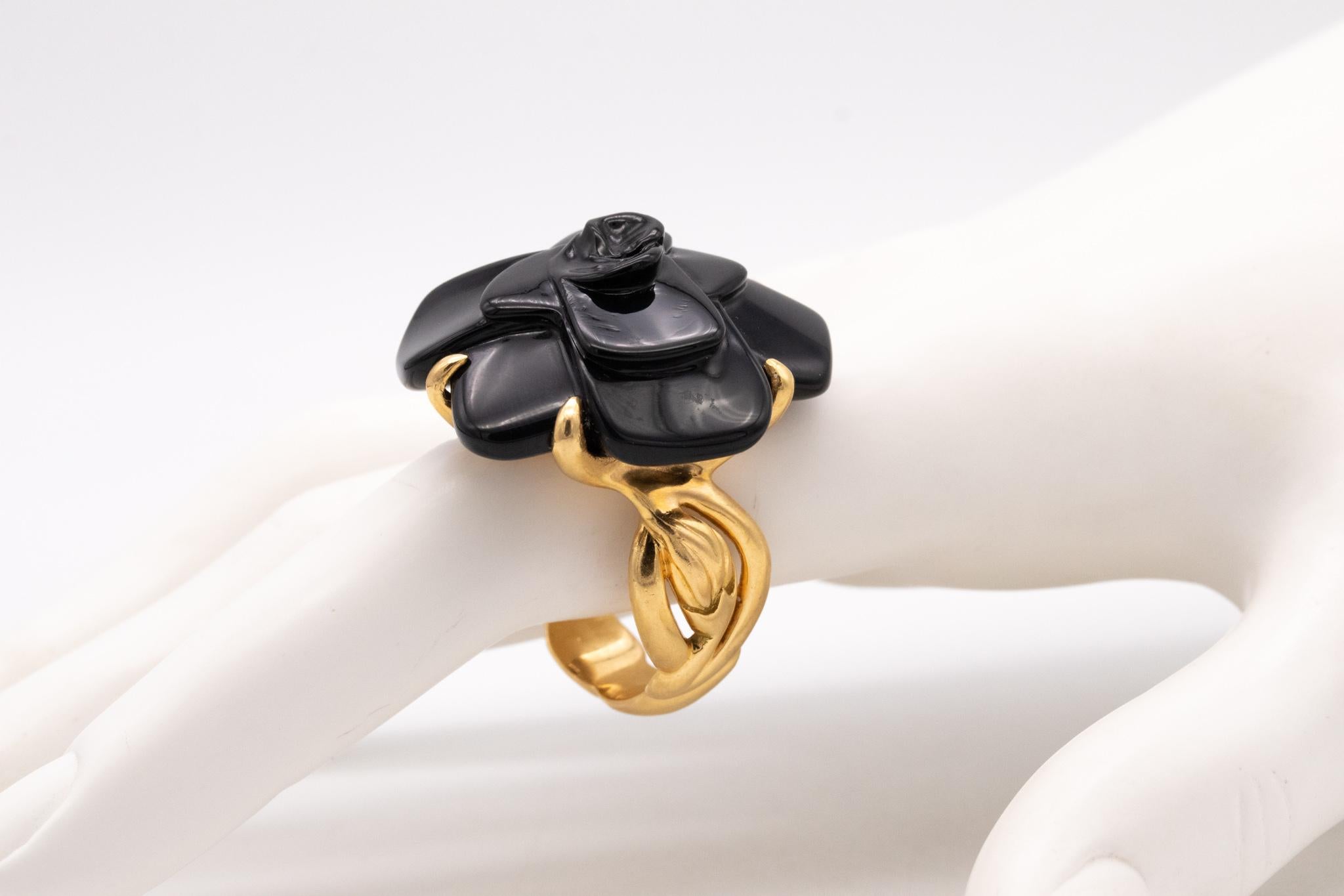 Modern Chanel Paris Camelia Flower Ring in 18Kt Yellow Gold with Carved Black Onyx