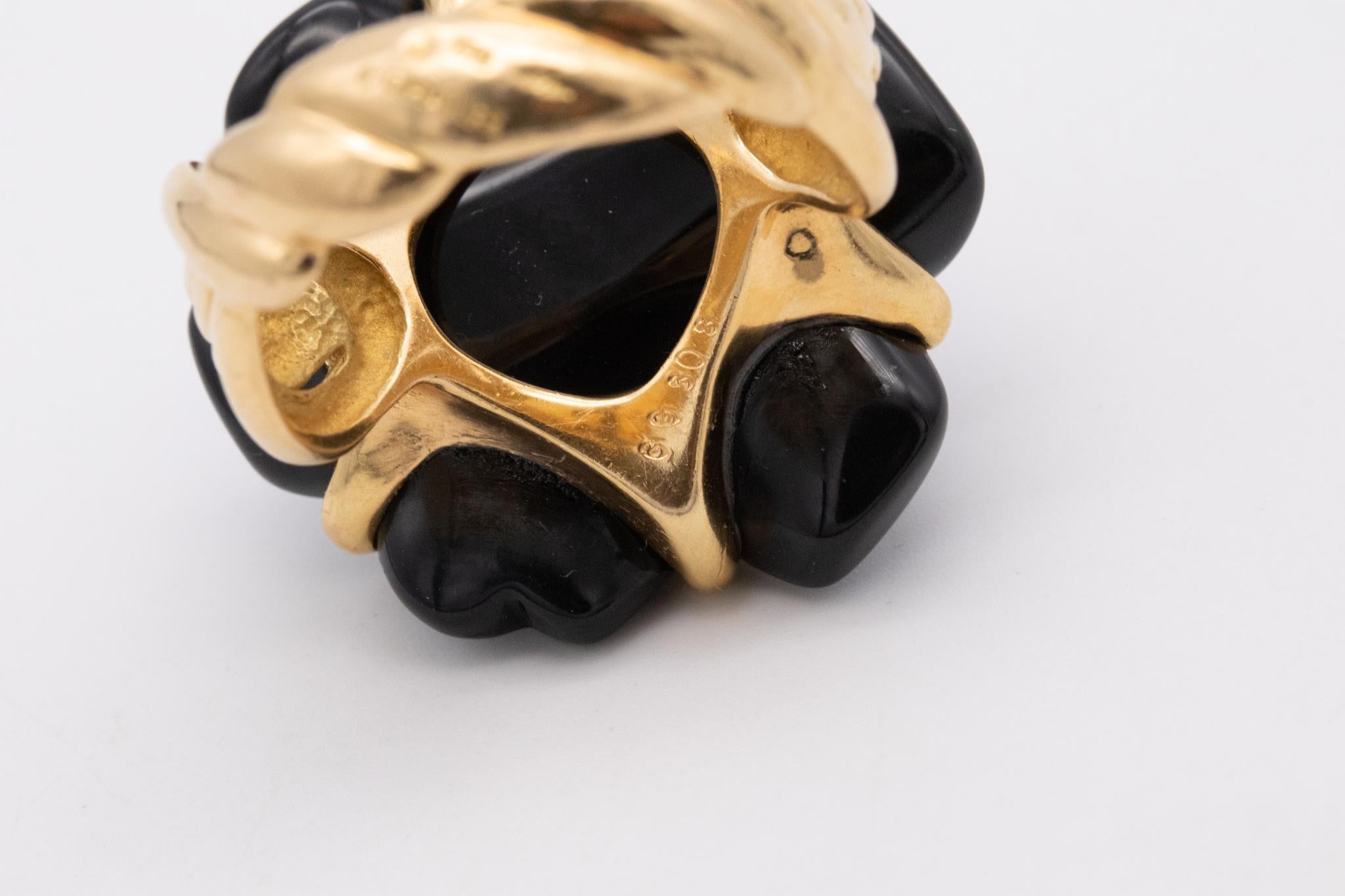 Mixed Cut Chanel Paris Camelia Flower Ring in 18Kt Yellow Gold with Carved Black Onyx