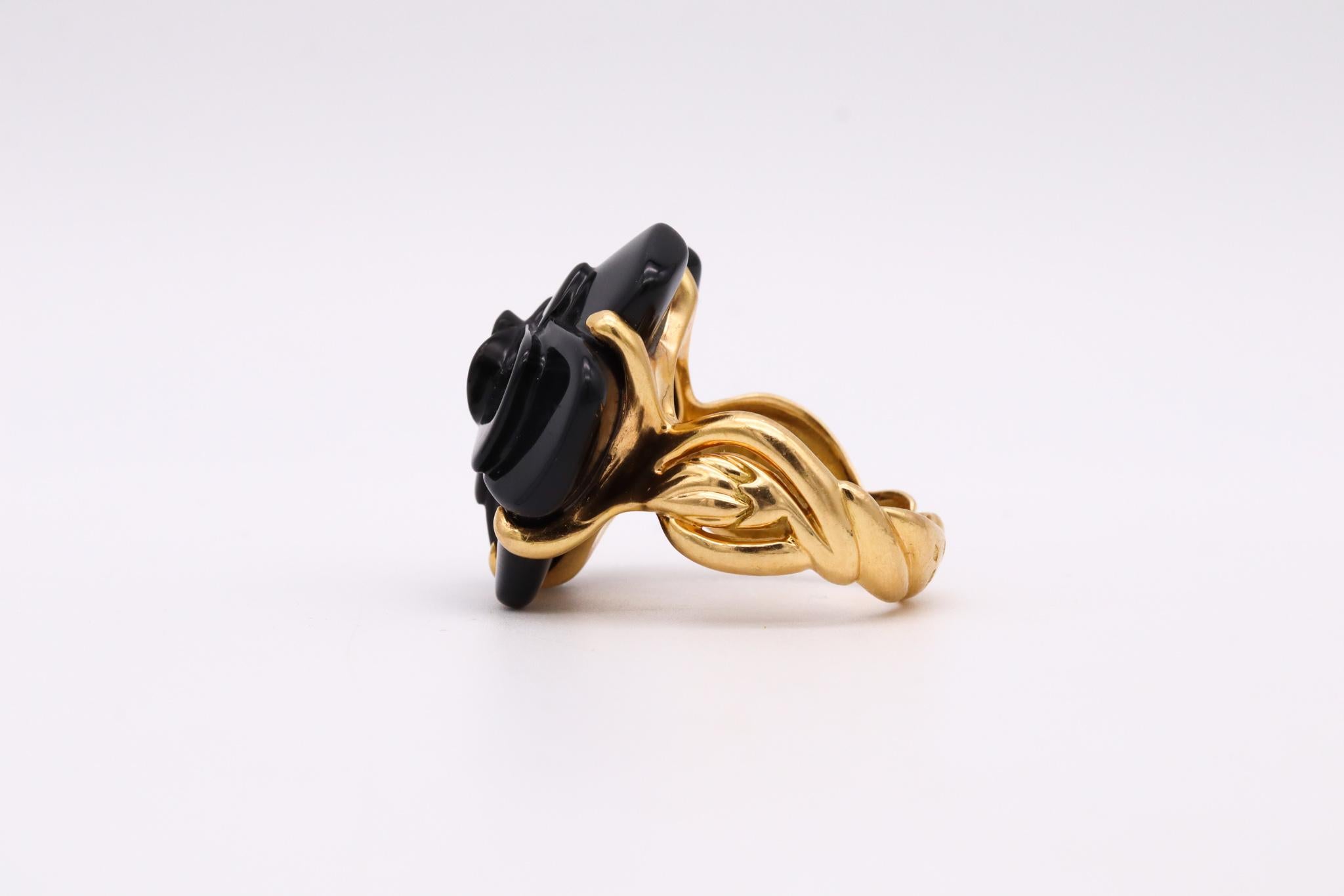 Women's Chanel Paris Camelia Flower Ring in 18Kt Yellow Gold with Carved Black Onyx
