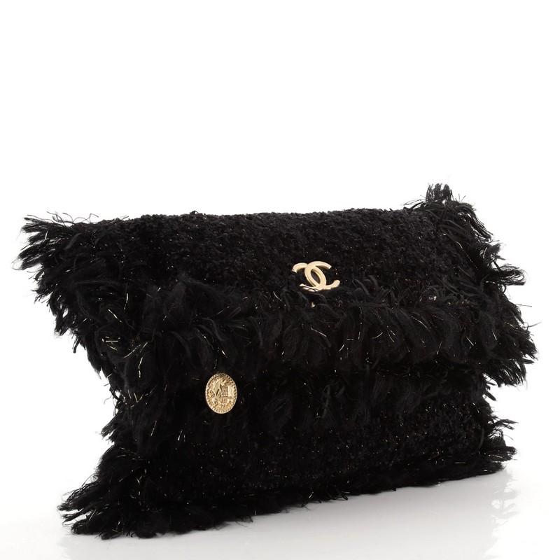 Black Chanel Paris Cosmopolite Flap Fringe Clutch Quilted Tweed Medium