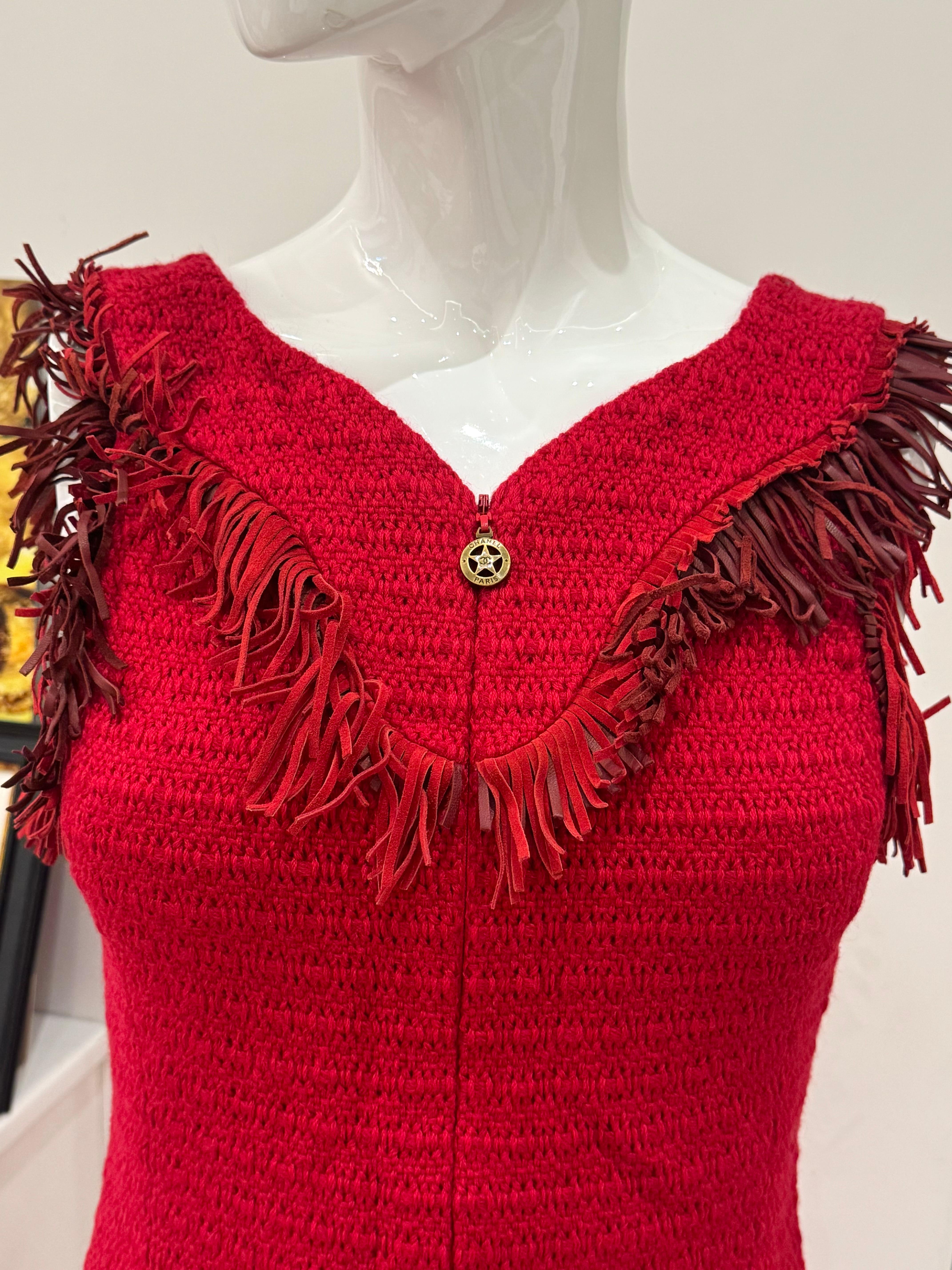 Red Chanel Paris Dallas 2014 runway tweed fringe dress For Sale